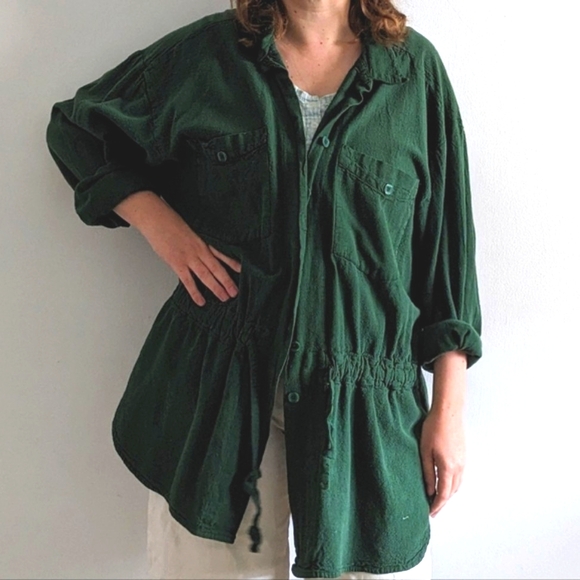 90's Oversized Thick Cotton Shacket - Vintage Button-Up Draw-String Shirt - Picture 3 of 6